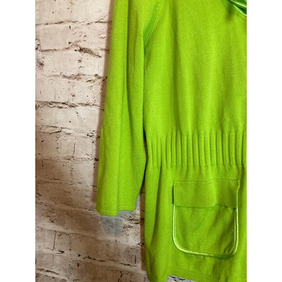 AVA Sweater Womens Large Neon Green Full Front Zip Up Satin Cowl Neck Cardigan - Picture 4 of 12